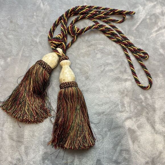 Curtain Drapery Tassel Tiebacks Pair 28" Red Green Gold Braid Hollywood Regency - Picture 1 of 5